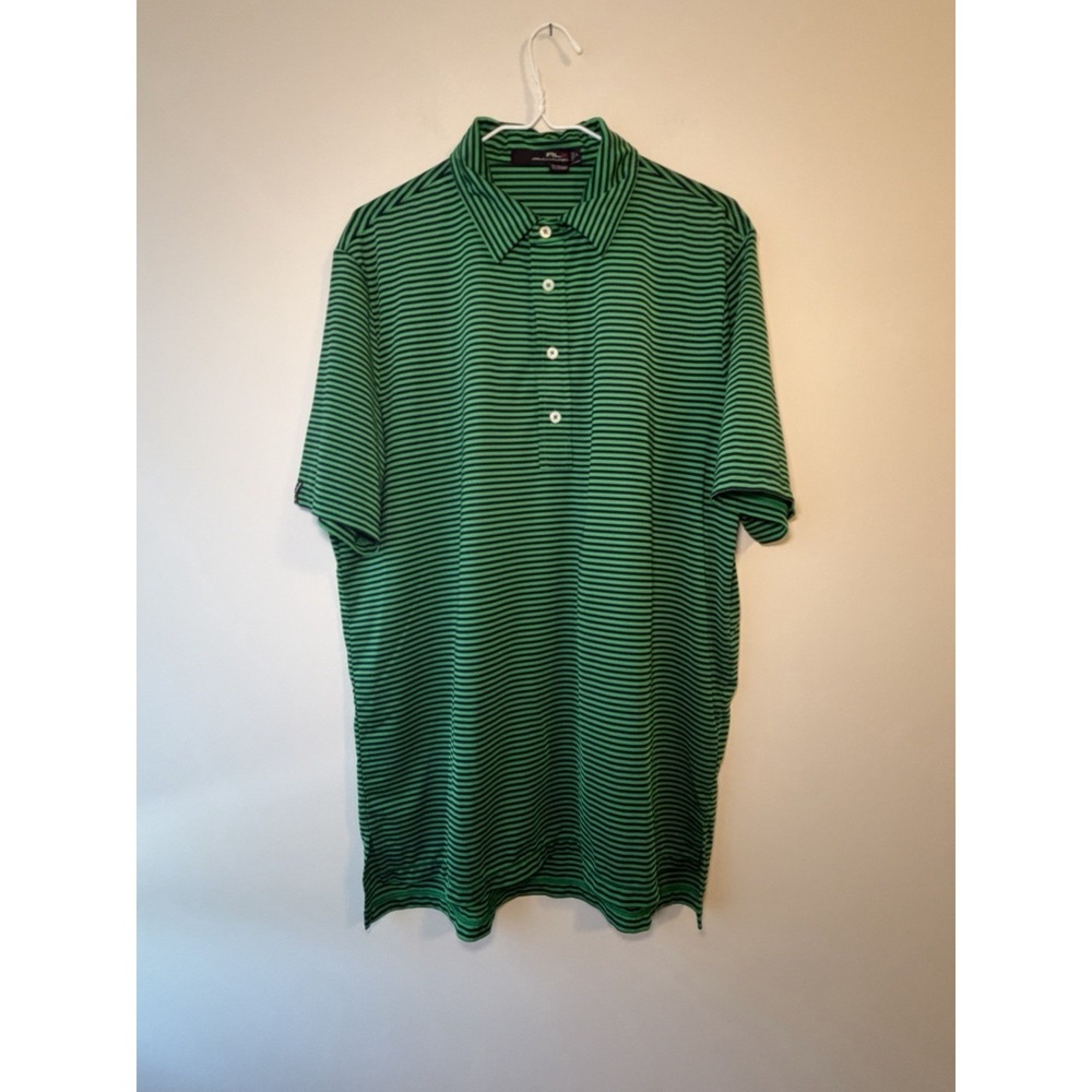 Ralph Lauren RLX Shirt Mens Large Green Striped Golf Outdoors Polo Casual Logo